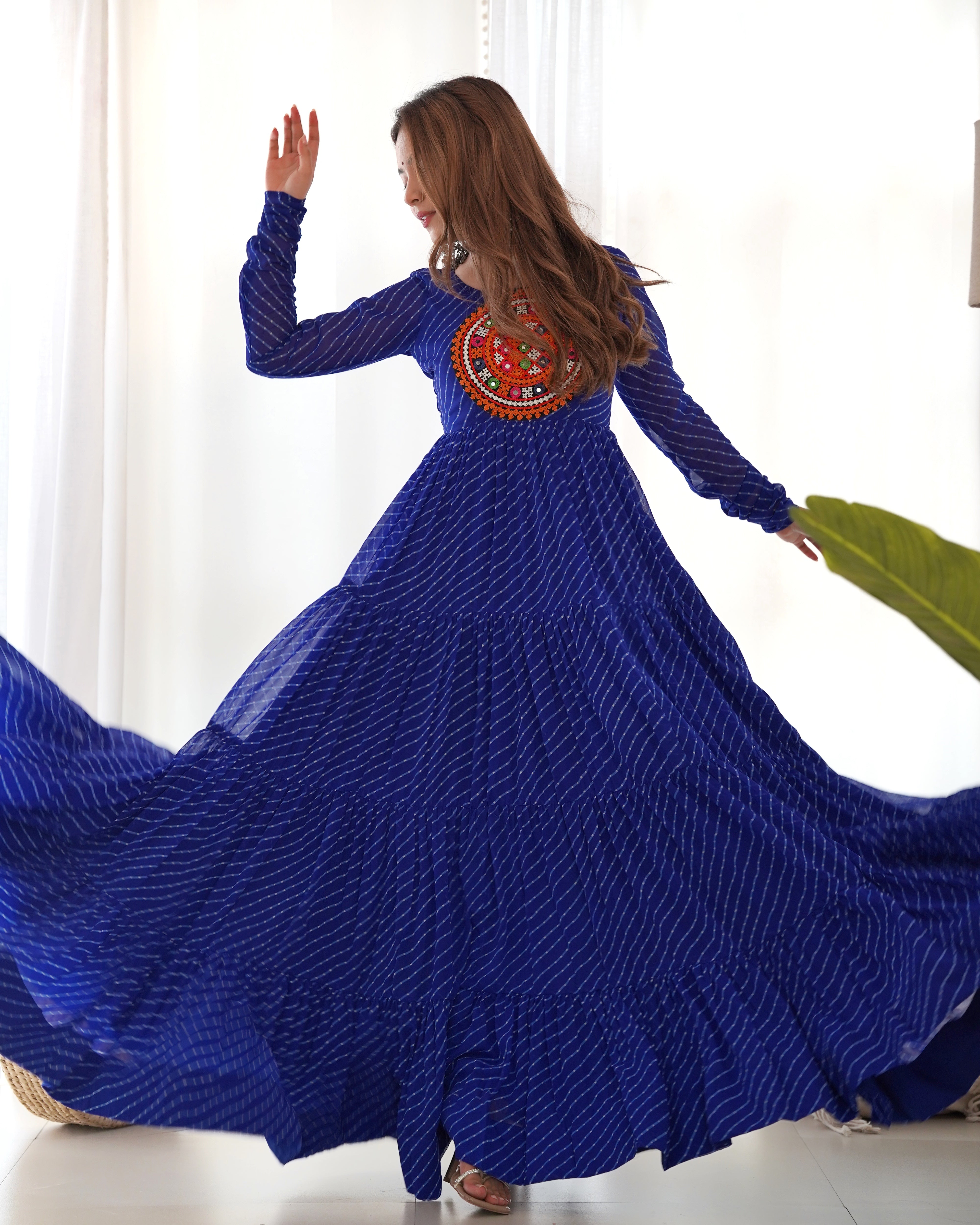 Lorenvalley Women Pure Soft Faux Georgette Leheriya Print Anarkali Gown - Blue - Distacart
