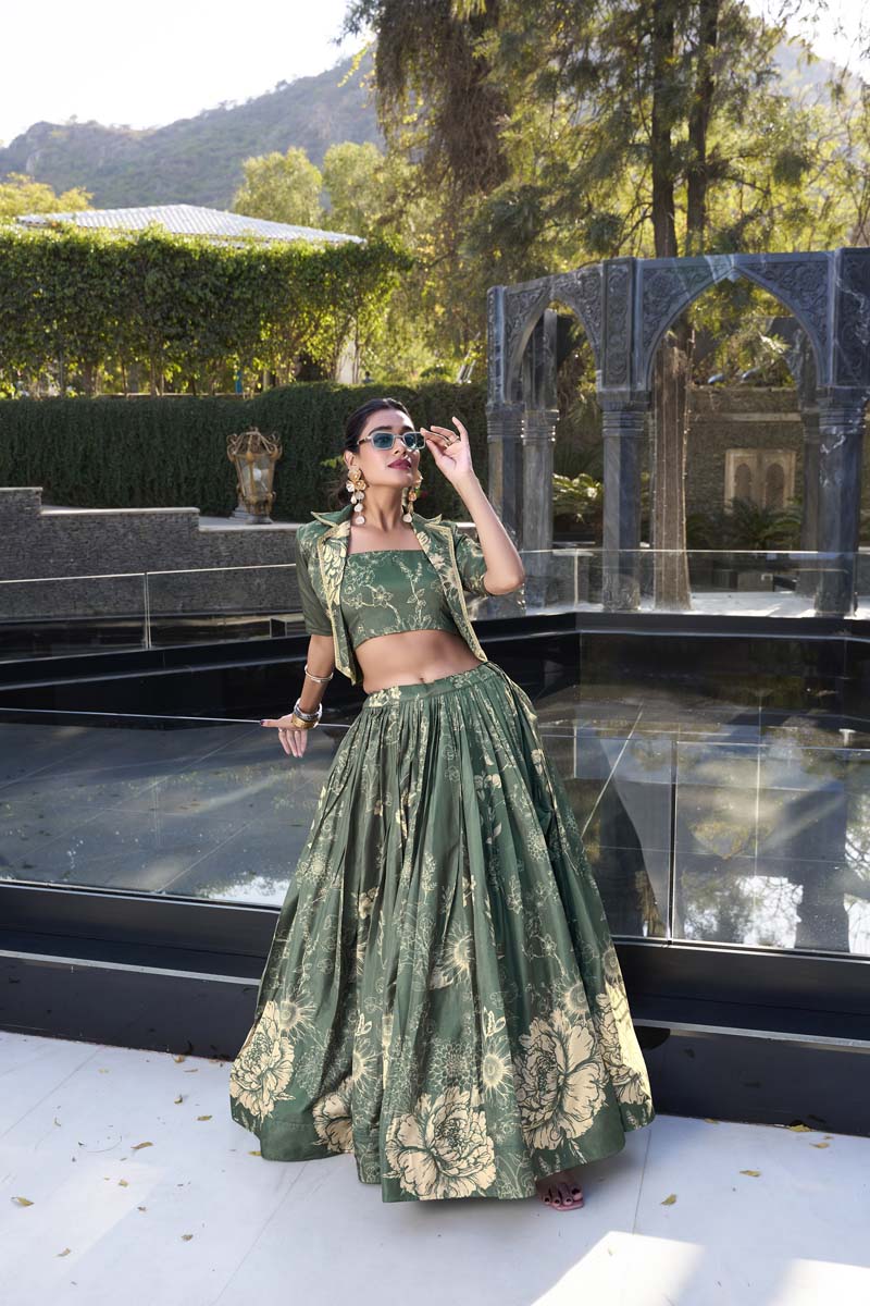 Evanik Women Tussar Silk With Floral Print Lehenga Blouse With Koti - Green