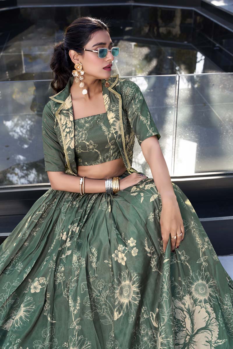 Evanik Women Tussar Silk With Floral Print Lehenga Blouse With Koti - Green