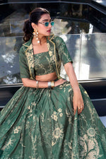 Thumbnail for Evanik Women Tussar Silk With Floral Print Lehenga Blouse With Koti - Green