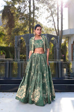 Thumbnail for Evanik Women Tussar Silk With Floral Print Lehenga Blouse With Koti - Green