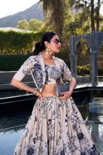 Thumbnail for Evanik Women Tussar Silk With Floral Print Lehenga Blouse With Koti - Cream