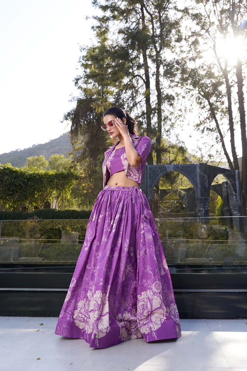 Evanik Women Tussar Silk With Floral Print Lehenga Blouse With Koti - Purple