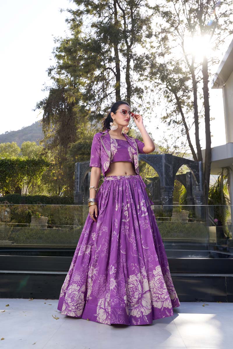 Evanik Women Tussar Silk With Floral Print Lehenga Blouse With Koti - Purple