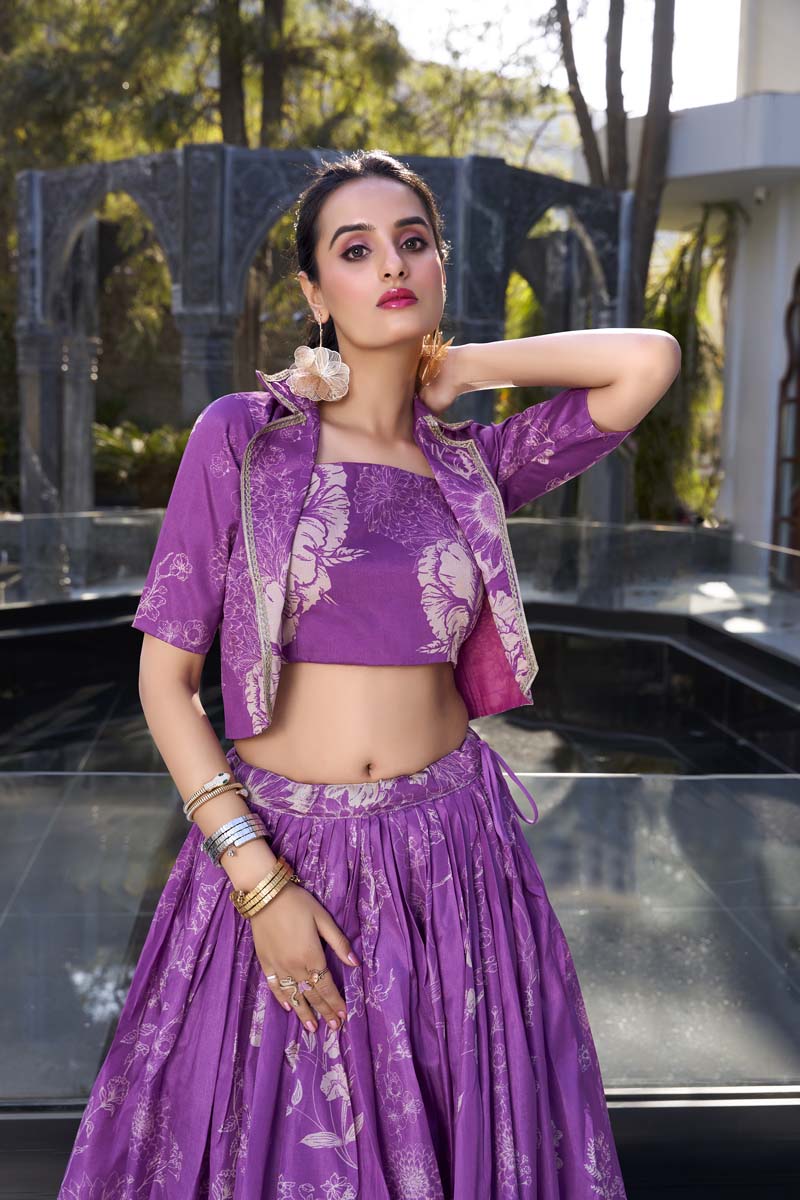Evanik Women Tussar Silk With Floral Print Lehenga Blouse With Koti - Purple