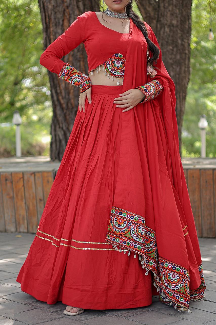 Lorenvalley Red Rayon with Real Mirror Embroidered Kutchi Thread work with codi Lehenga Choli - Distacart