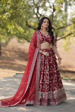 Thumbnail for Lorenvalley Maroon Pure Viscose Jacquard with Embroidered Sequins work Lehenga Choli - Distacart