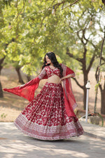 Thumbnail for Lorenvalley Maroon Pure Viscose Jacquard with Embroidered Sequins work Lehenga Choli - Distacart