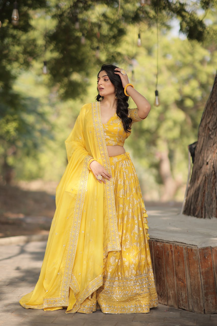 Lorenvalley Yellow Pure Viscose Jacquard with Embroidered Sequins work Lehenga Choli - Distacart