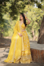 Thumbnail for Lorenvalley Yellow Pure Viscose Jacquard with Embroidered Sequins work Lehenga Choli - Distacart