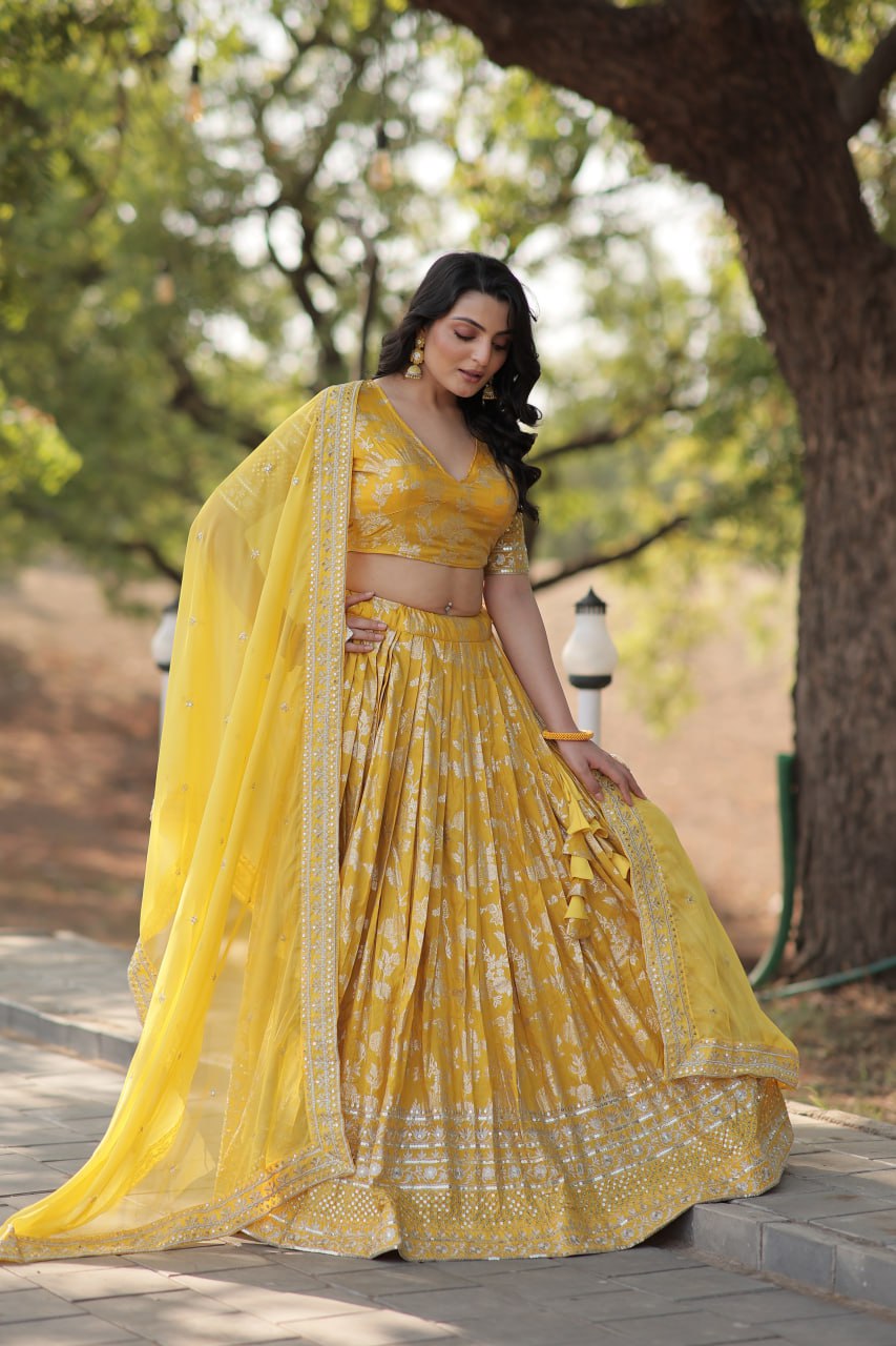 Lorenvalley Yellow Pure Viscose Jacquard with Embroidered Sequins work Lehenga Choli - Distacart