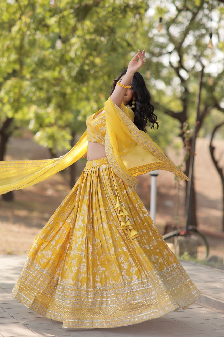 Lorenvalley Yellow Pure Viscose Jacquard with Embroidered Sequins work Lehenga Choli - Distacart
