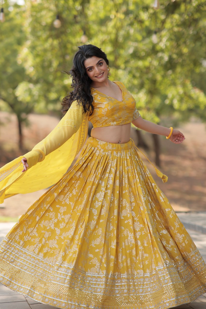 Lorenvalley Yellow Pure Viscose Jacquard with Embroidered Sequins work Lehenga Choli - Distacart