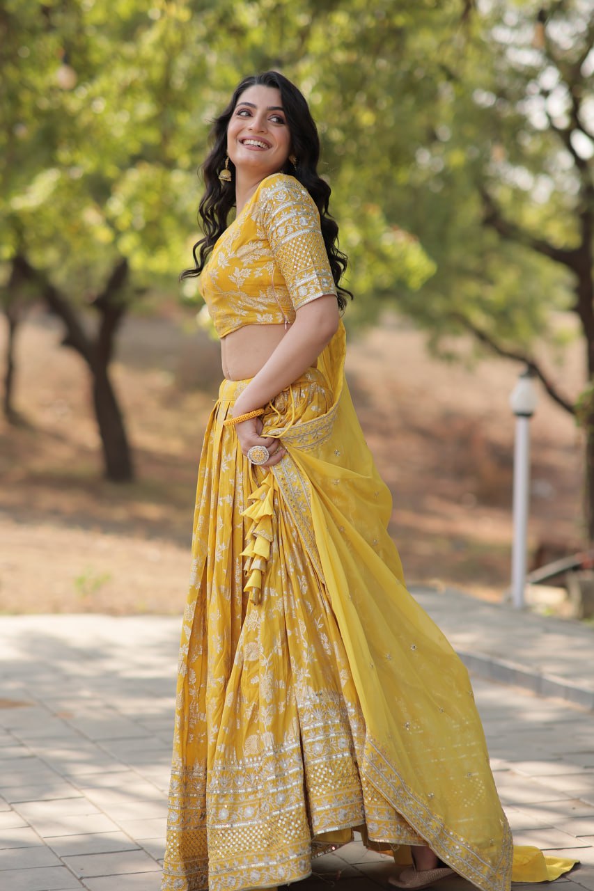 Lorenvalley Yellow Pure Viscose Jacquard with Embroidered Sequins work Lehenga Choli - Distacart