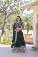 Thumbnail for Lorenvalley Green Faux Blooming Georgette with Sequins Embroidered work Lehenga Choli - Distacart