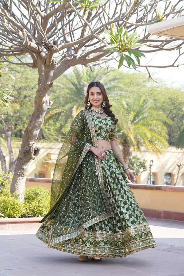 Lorenvalley Green Pure Viscose Jacquard with Embroidered Sequins work Lehenga Choli - Distacart
