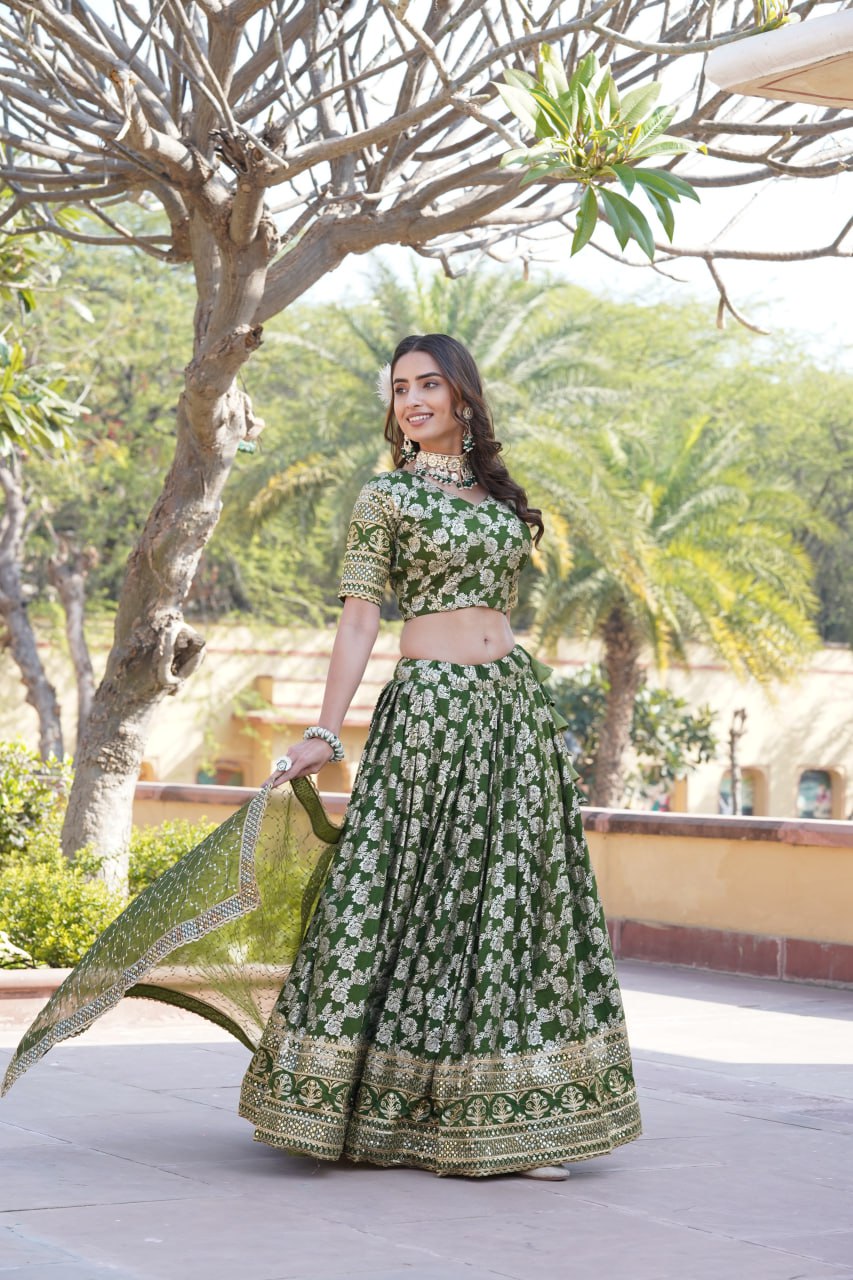 Lorenvalley Green Pure Viscose Jacquard with Embroidered Sequins work Lehenga Choli - Distacart