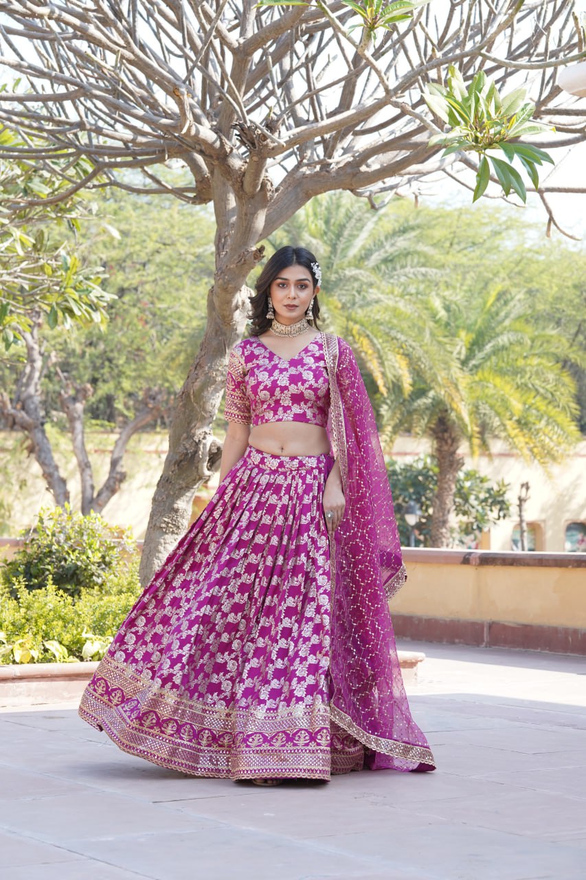 Lorenvalley Magenta Pure Viscose Jacquard with Embroidered Sequins work Lehenga Choli - Distacart