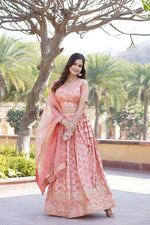 Thumbnail for Lorenvalley Peach Pure Viscose Jacquard with Embroidered Sequins work Lehenga Choli - Distacart