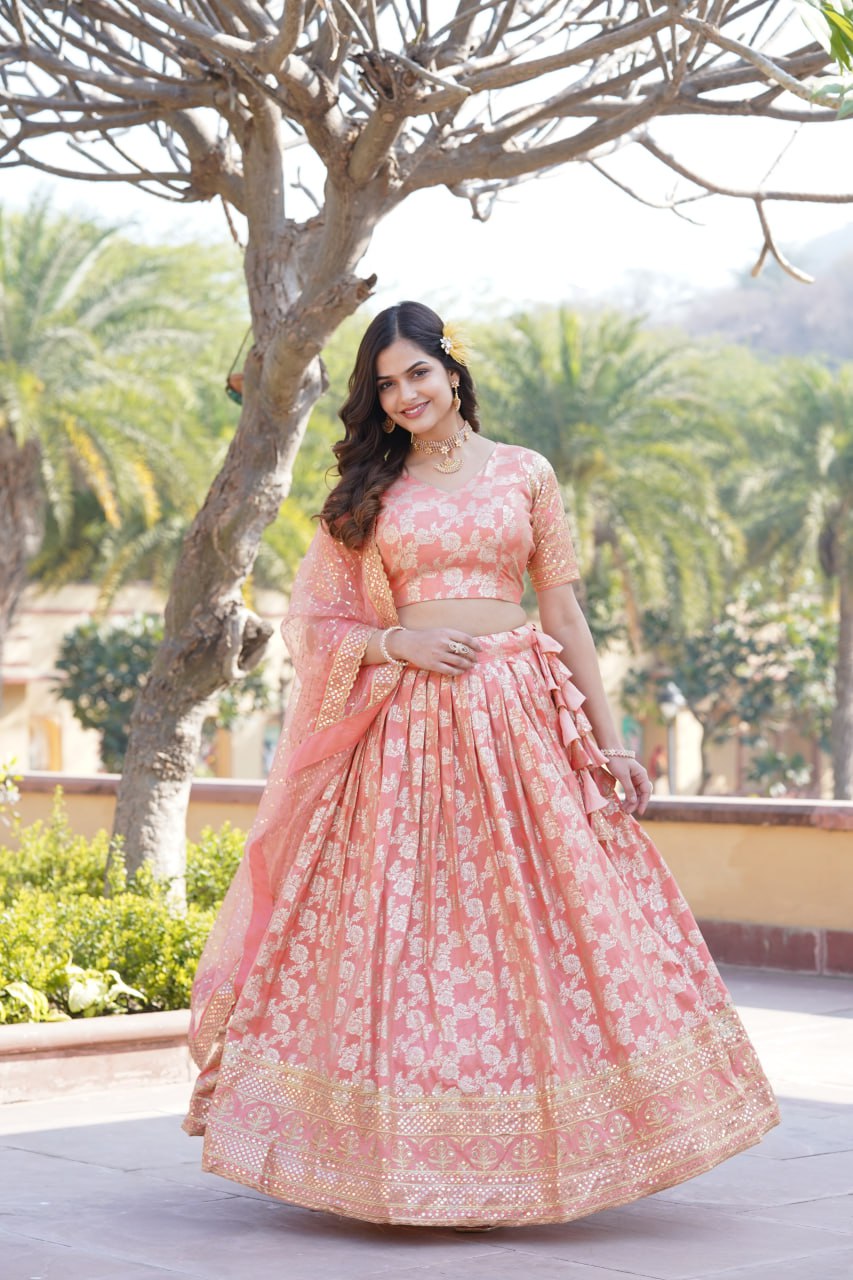 Lorenvalley Peach Pure Viscose Jacquard with Embroidered Sequins work Lehenga Choli - Distacart