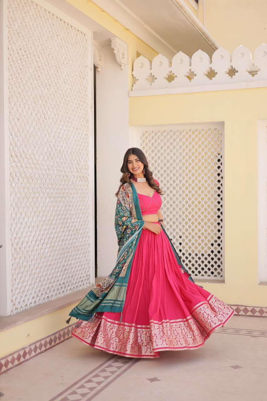 Lorenvalley Pink Viscose Jacquard Lehenga Choli with Gajji silk Dupatta - Distacart