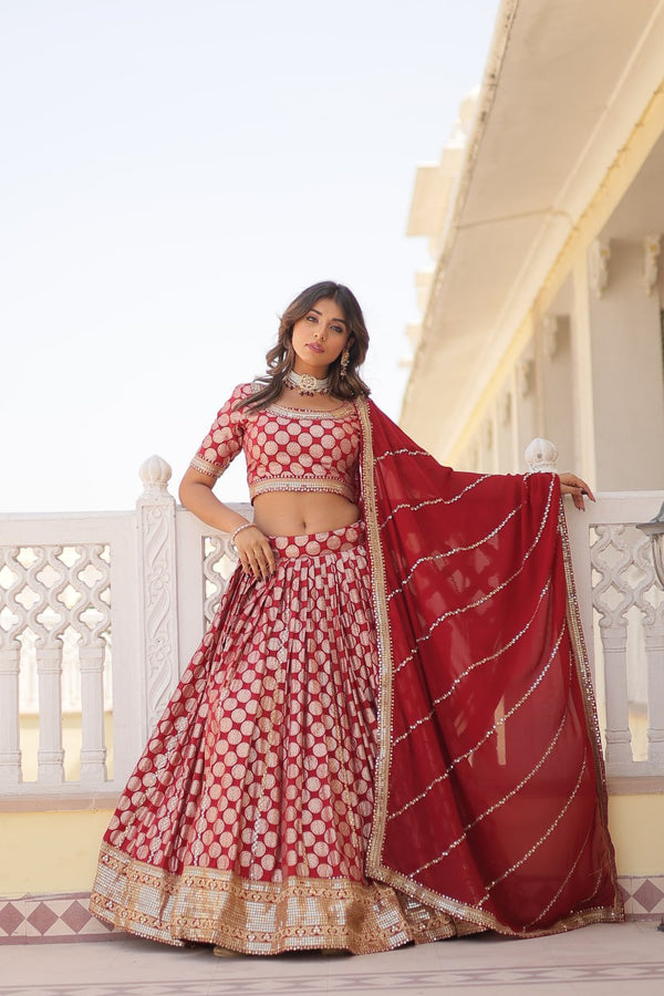 Lorenvalley Maroon Pure Viscose Jacquard with Embroidered Sequins work Lehenga Choli - Distacart