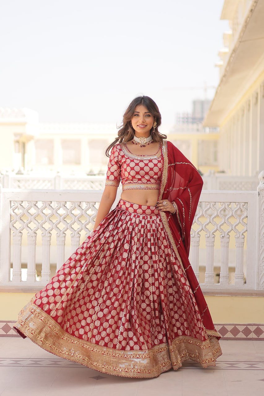 Lorenvalley Maroon Pure Viscose Jacquard with Embroidered Sequins work Lehenga Choli - Distacart