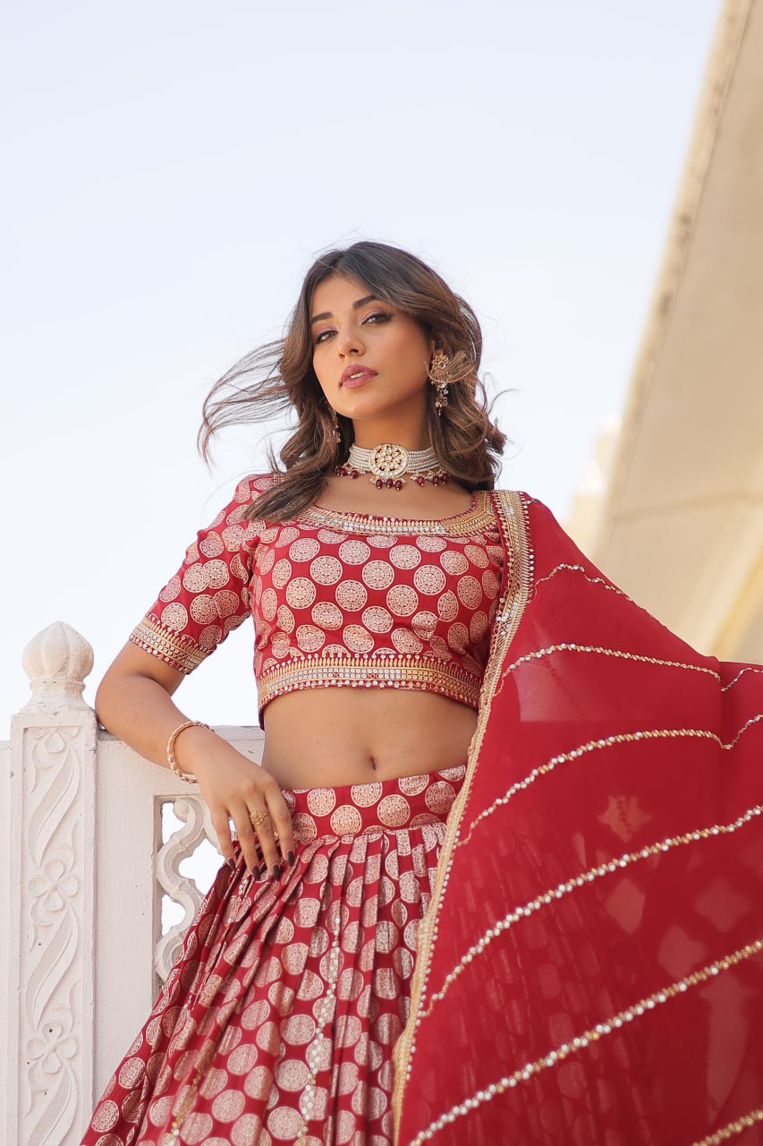 Lorenvalley Maroon Pure Viscose Jacquard with Embroidered Sequins work Lehenga Choli - Distacart