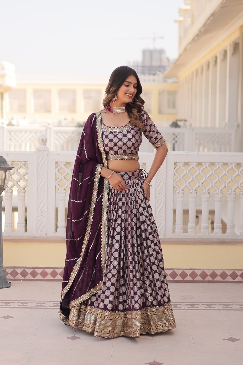 Lorenvalley Purple Pure Viscose Jacquard with Embroidered Sequins work Lehenga Choli - Distacart