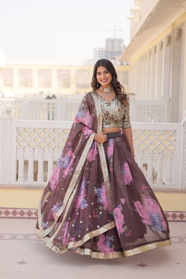 Lorenvalley Brown Russian Silk Digital Printed with Embroidered Sequins work Lehenga Choli - Distacart