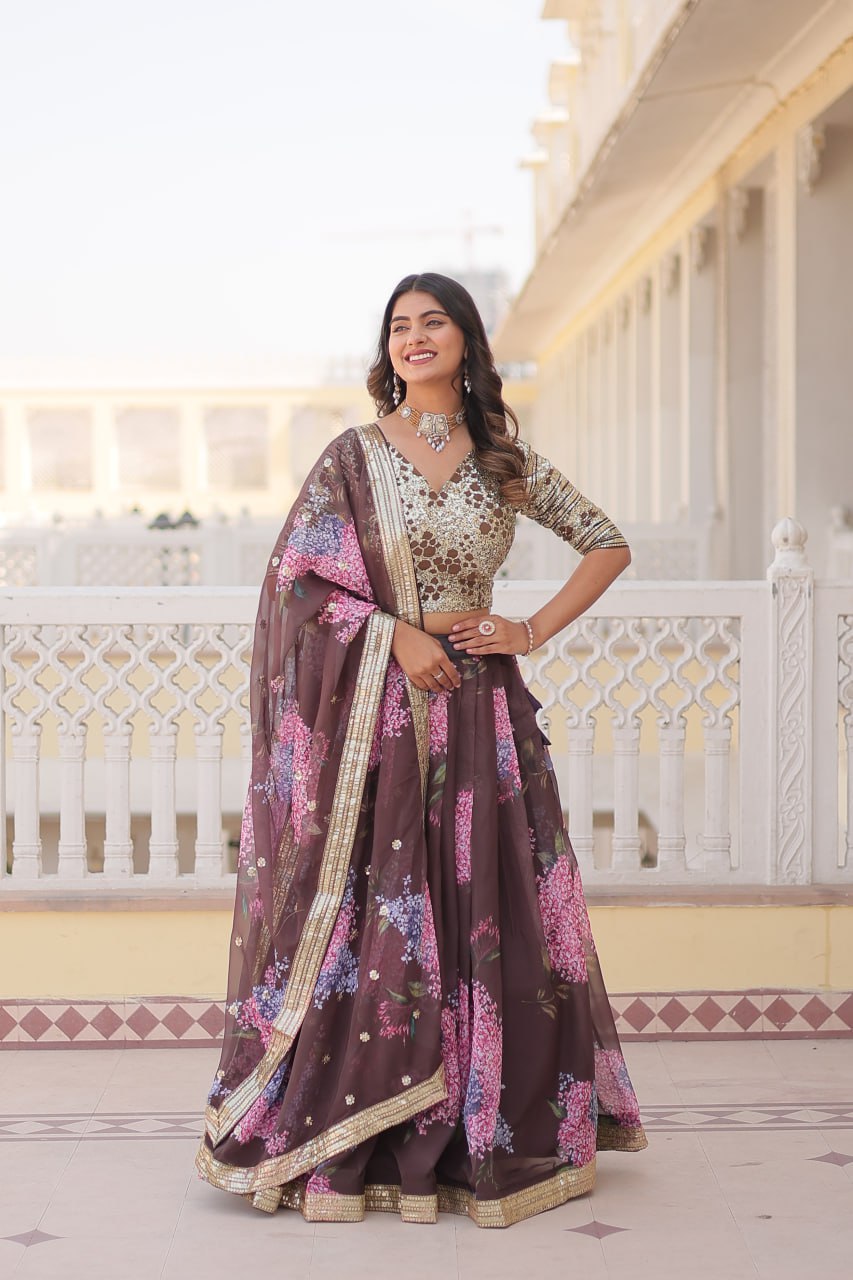 Lorenvalley Brown Russian Silk Digital Printed with Embroidered Sequins work Lehenga Choli - Distacart