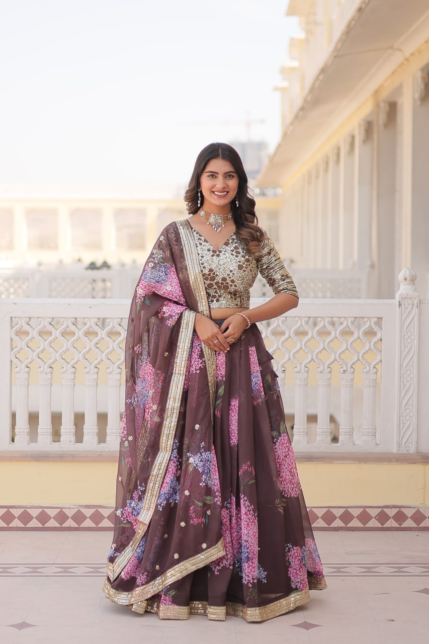 Lorenvalley Brown Russian Silk Digital Printed with Embroidered Sequins work Lehenga Choli - Distacart