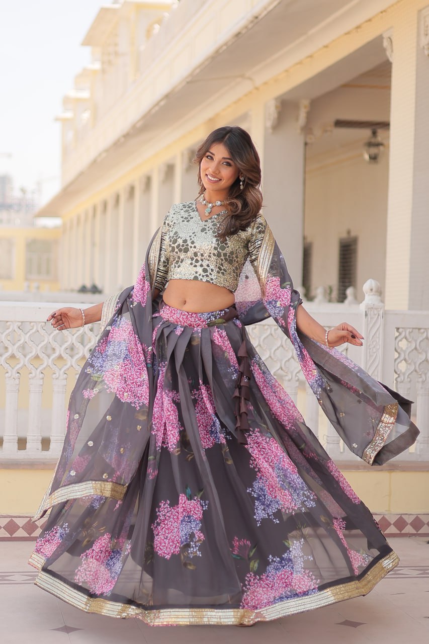 Lorenvalley Grey Russian Silk Digital Printed with Embroidered Sequins work Lehenga Choli - Distacart