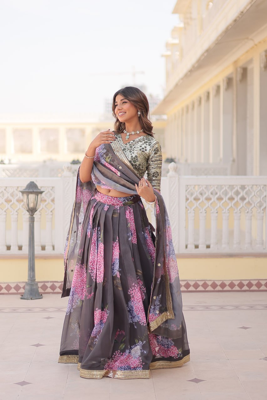Lorenvalley Grey Russian Silk Digital Printed with Embroidered Sequins work Lehenga Choli - Distacart