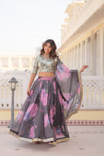Thumbnail for Lorenvalley Grey Russian Silk Digital Printed with Embroidered Sequins work Lehenga Choli - Distacart
