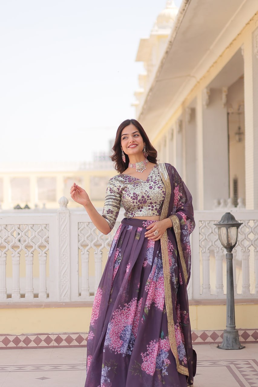 Lorenvalley Purple Russian Silk Digital Printed with Embroidered Sequins work Lehenga Choli - Distacart