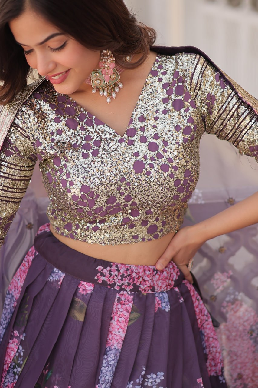 Lorenvalley Purple Russian Silk Digital Printed with Embroidered Sequins work Lehenga Choli - Distacart