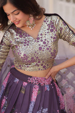 Thumbnail for Lorenvalley Purple Russian Silk Digital Printed with Embroidered Sequins work Lehenga Choli - Distacart