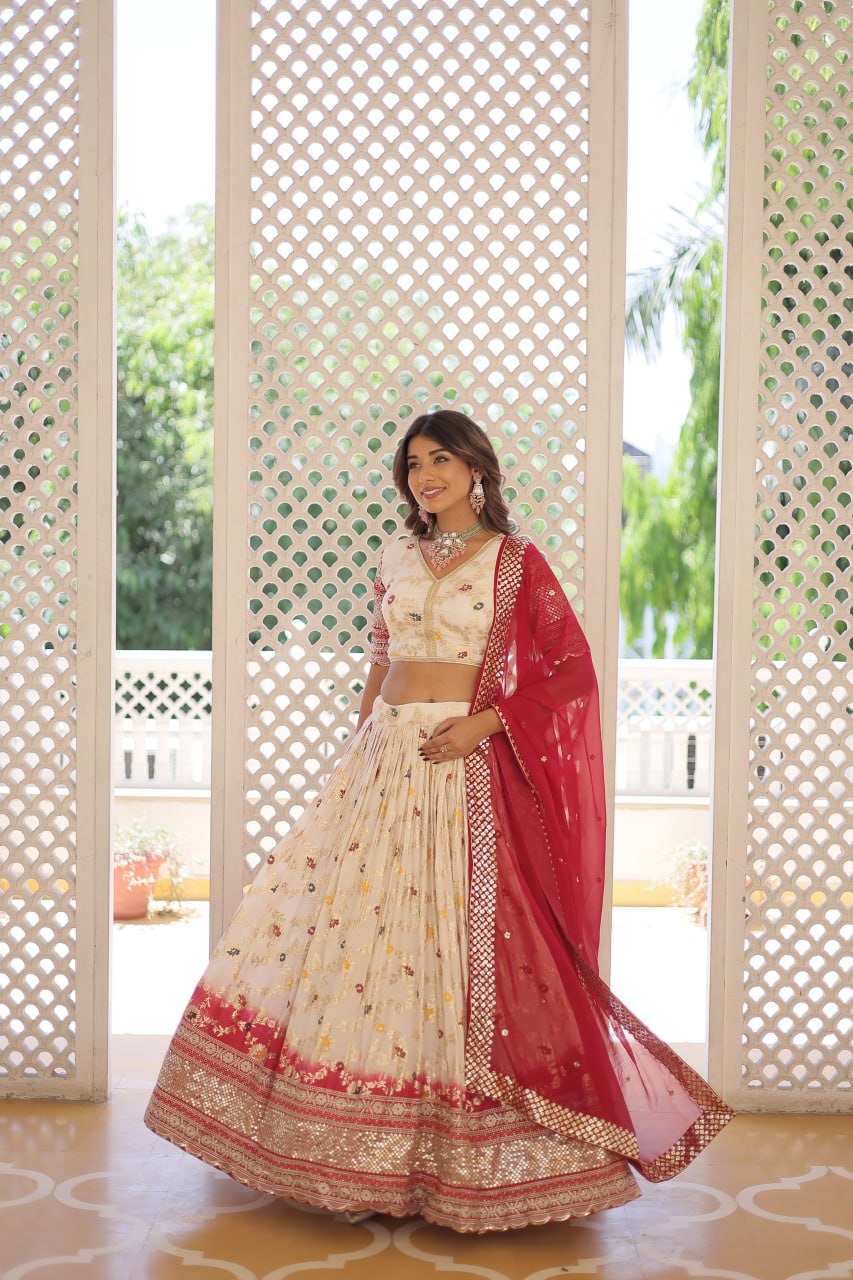 Lorenvalley Cream Pure Viscose Jacquard with 2D Dyeing and Embroidered Sequins work Lehenga Choli - Distacart