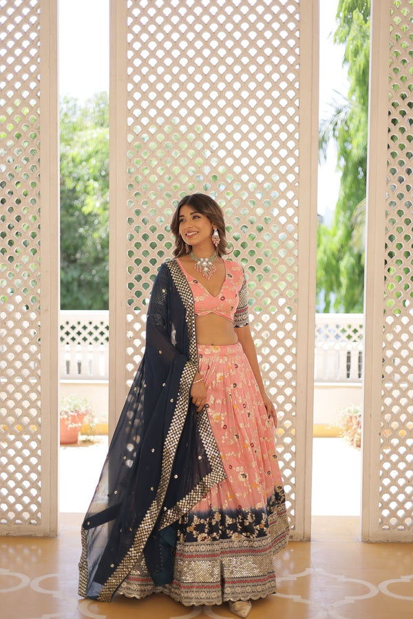 Lorenvalley Peach Pure Viscose Jacquard with 2D Dyeing and Embroidered Sequins work Lehenga Choli - Distacart