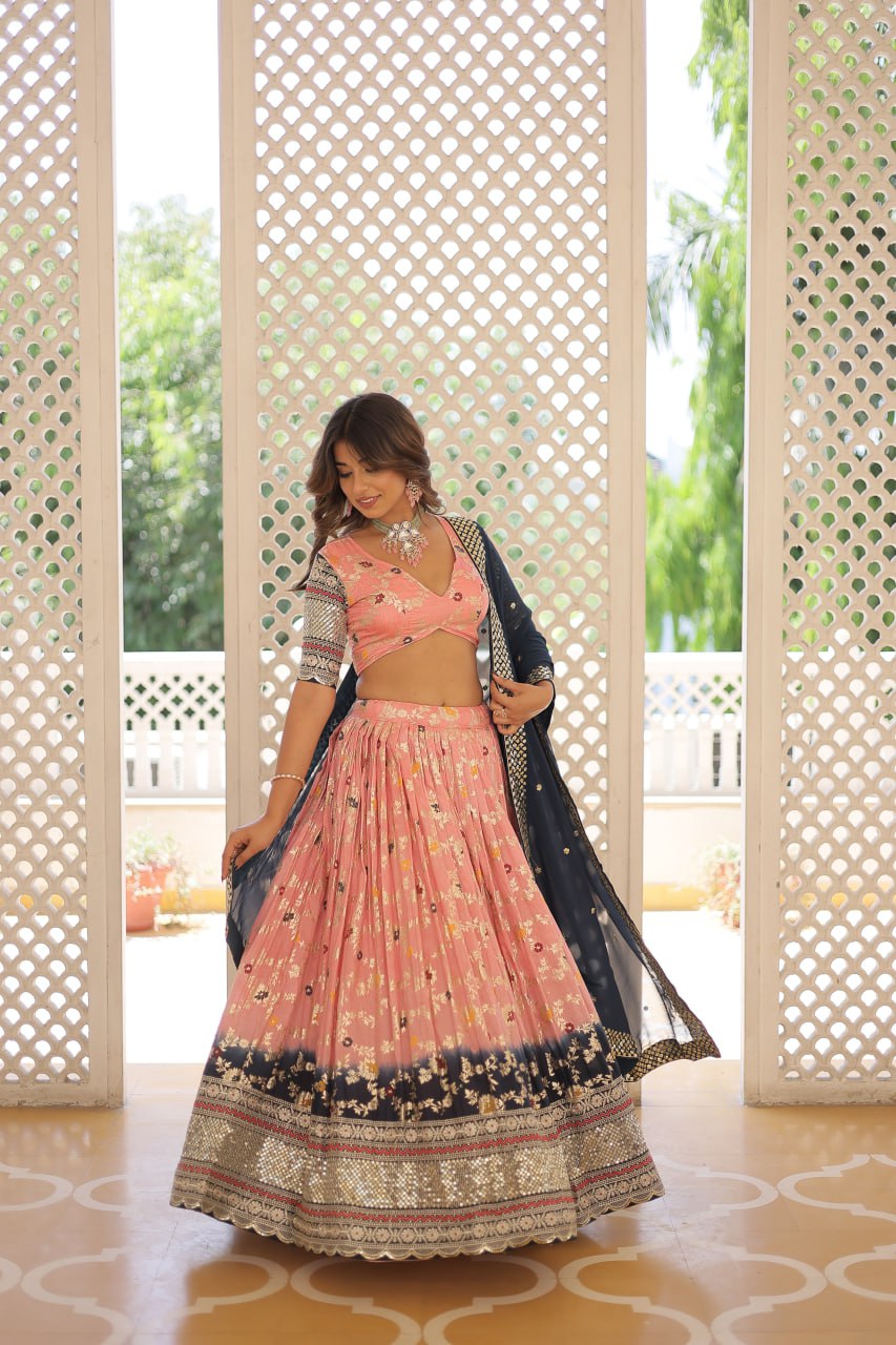 Lorenvalley Peach Pure Viscose Jacquard with 2D Dyeing and Embroidered Sequins work Lehenga Choli - Distacart