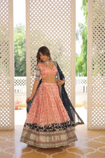 Thumbnail for Lorenvalley Peach Pure Viscose Jacquard with 2D Dyeing and Embroidered Sequins work Lehenga Choli - Distacart