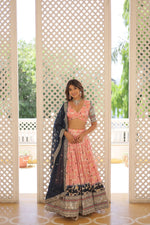 Thumbnail for Lorenvalley Peach Pure Viscose Jacquard with 2D Dyeing and Embroidered Sequins work Lehenga Choli - Distacart
