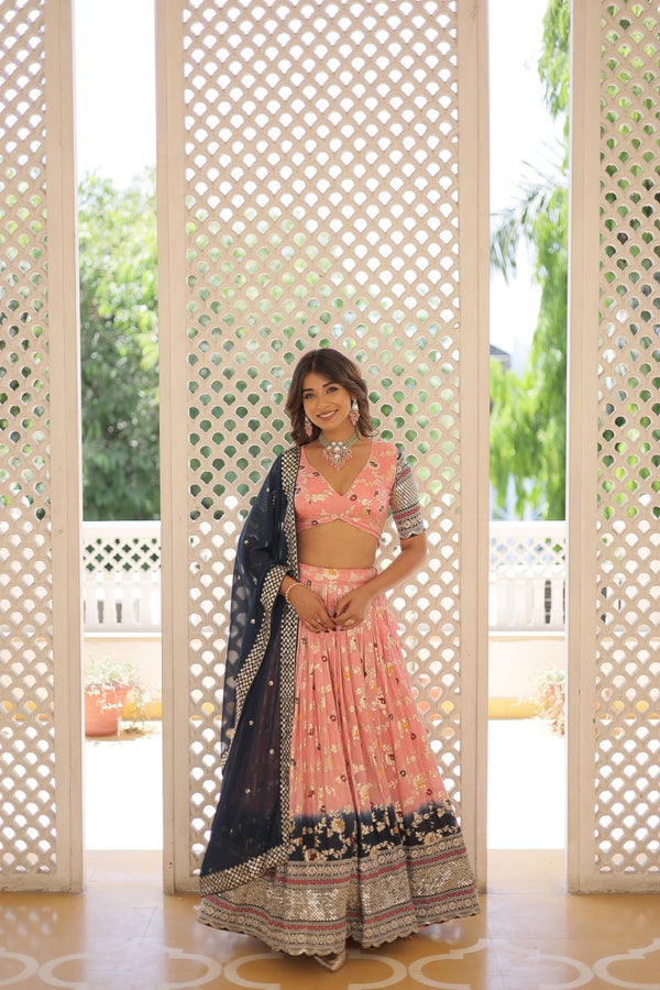 Lorenvalley Peach Pure Viscose Jacquard with 2D Dyeing and Embroidered Sequins work Lehenga Choli - Distacart