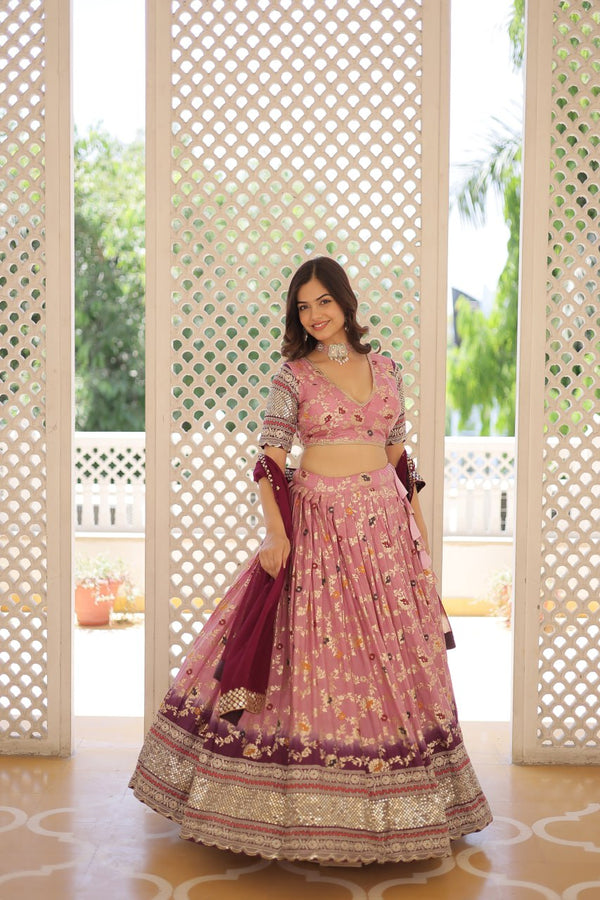 Lorenvalley Pink Pure Viscose Jacquard with 2D Dyeing and Embroidered Sequins work Lehenga Choli - Distacart