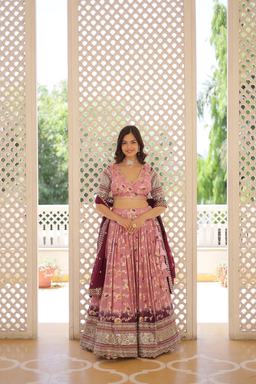 Lorenvalley Pink Pure Viscose Jacquard with 2D Dyeing and Embroidered Sequins work Lehenga Choli - Distacart