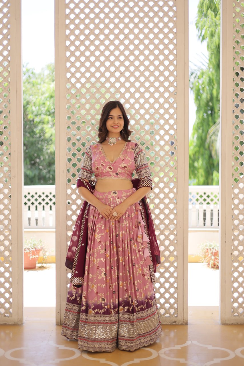 Lorenvalley Pink Pure Viscose Jacquard with 2D Dyeing and Embroidered Sequins work Lehenga Choli - Distacart