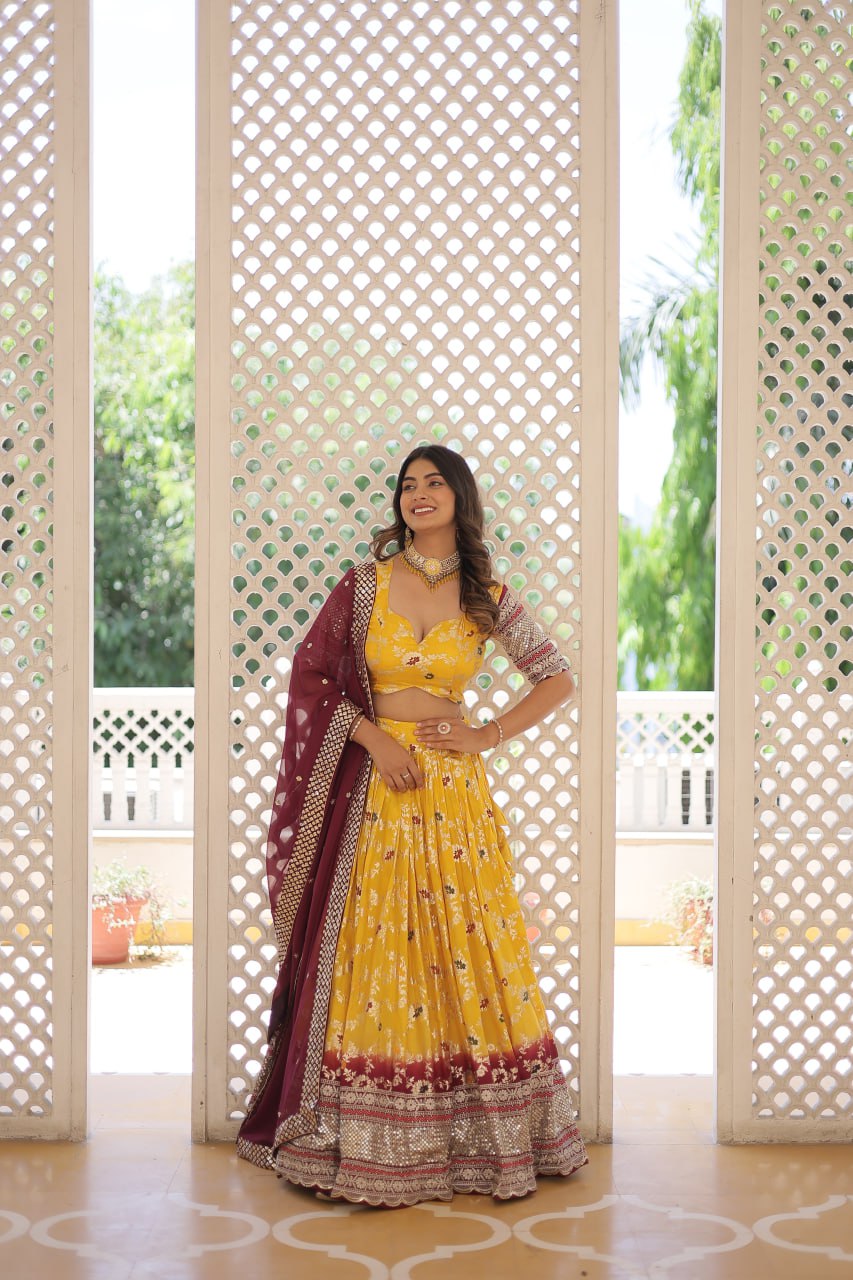 Lorenvalley Yellow Pure Viscose Jacquard with 2D Dyeing and Embroidered Sequins work Lehenga Choli - Distacart