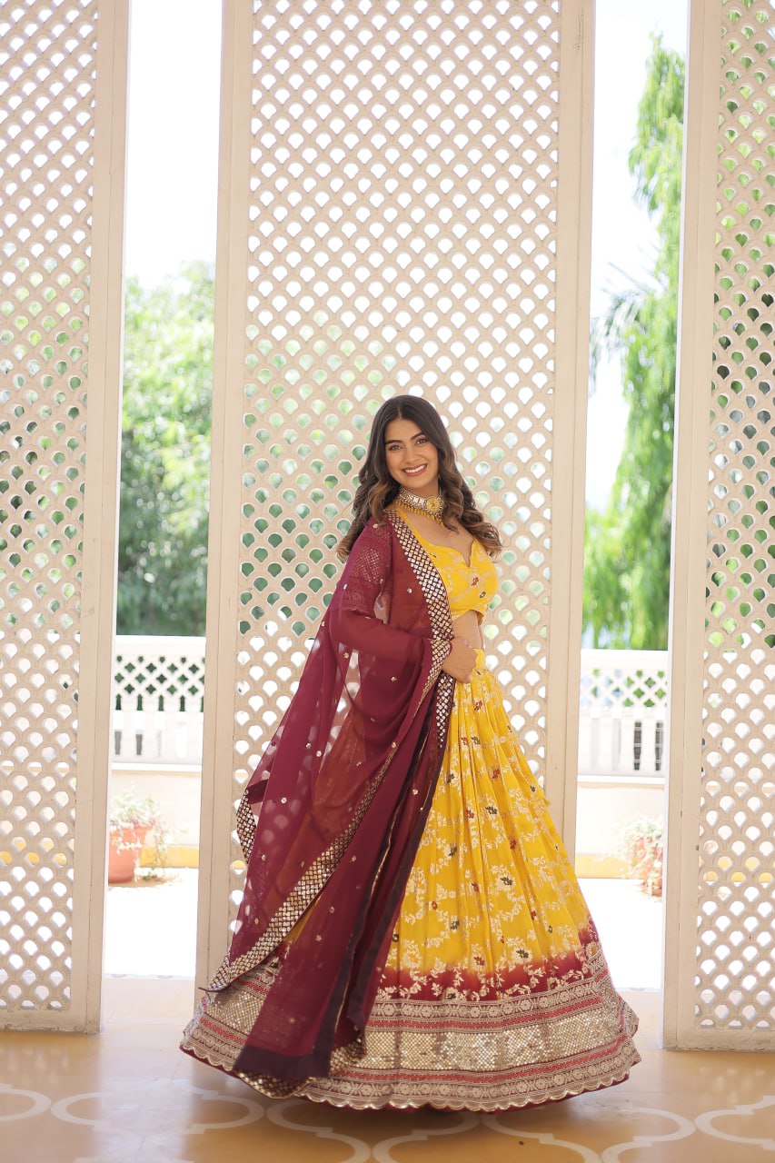 Lorenvalley Yellow Pure Viscose Jacquard with 2D Dyeing and Embroidered Sequins work Lehenga Choli - Distacart