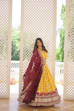 Thumbnail for Lorenvalley Yellow Pure Viscose Jacquard with 2D Dyeing and Embroidered Sequins work Lehenga Choli - Distacart